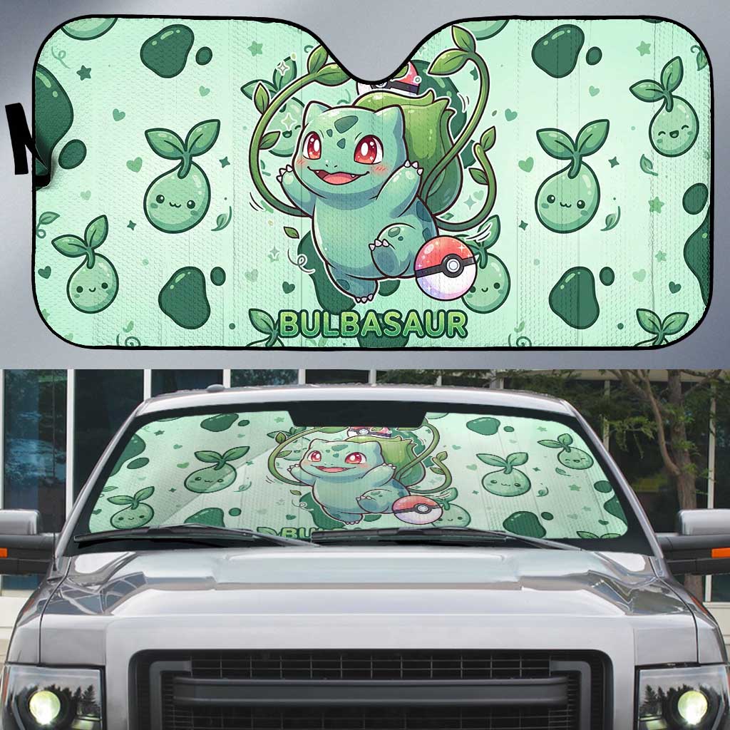 Bulbasaur Auto Sun Shade Playful Leafy Sprout Art