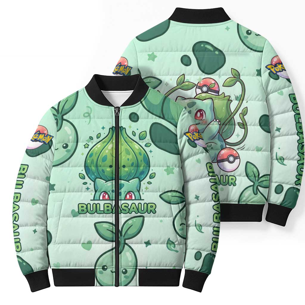 Bulbasaur Bomber Puffer Jacket Playful Leafy Sprout Art