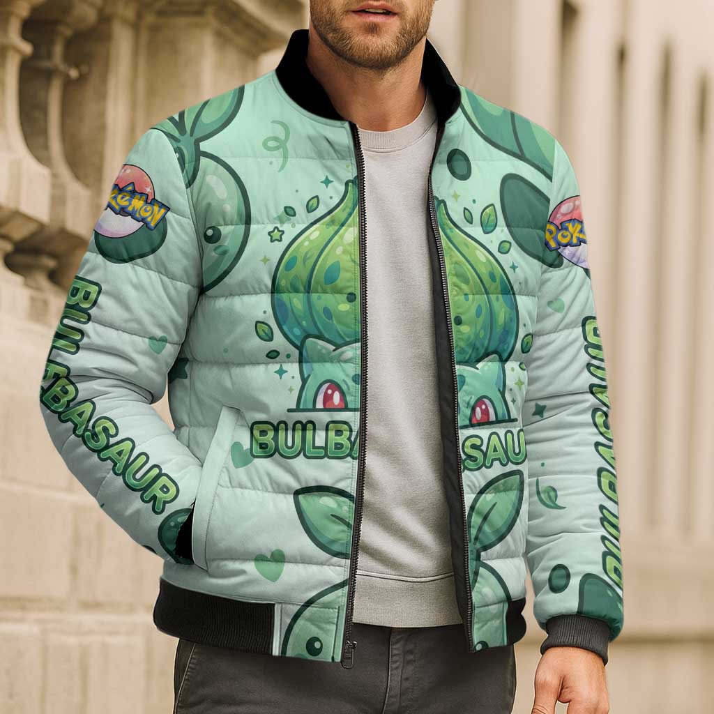 Bulbasaur Bomber Puffer Jacket Playful Leafy Sprout Art