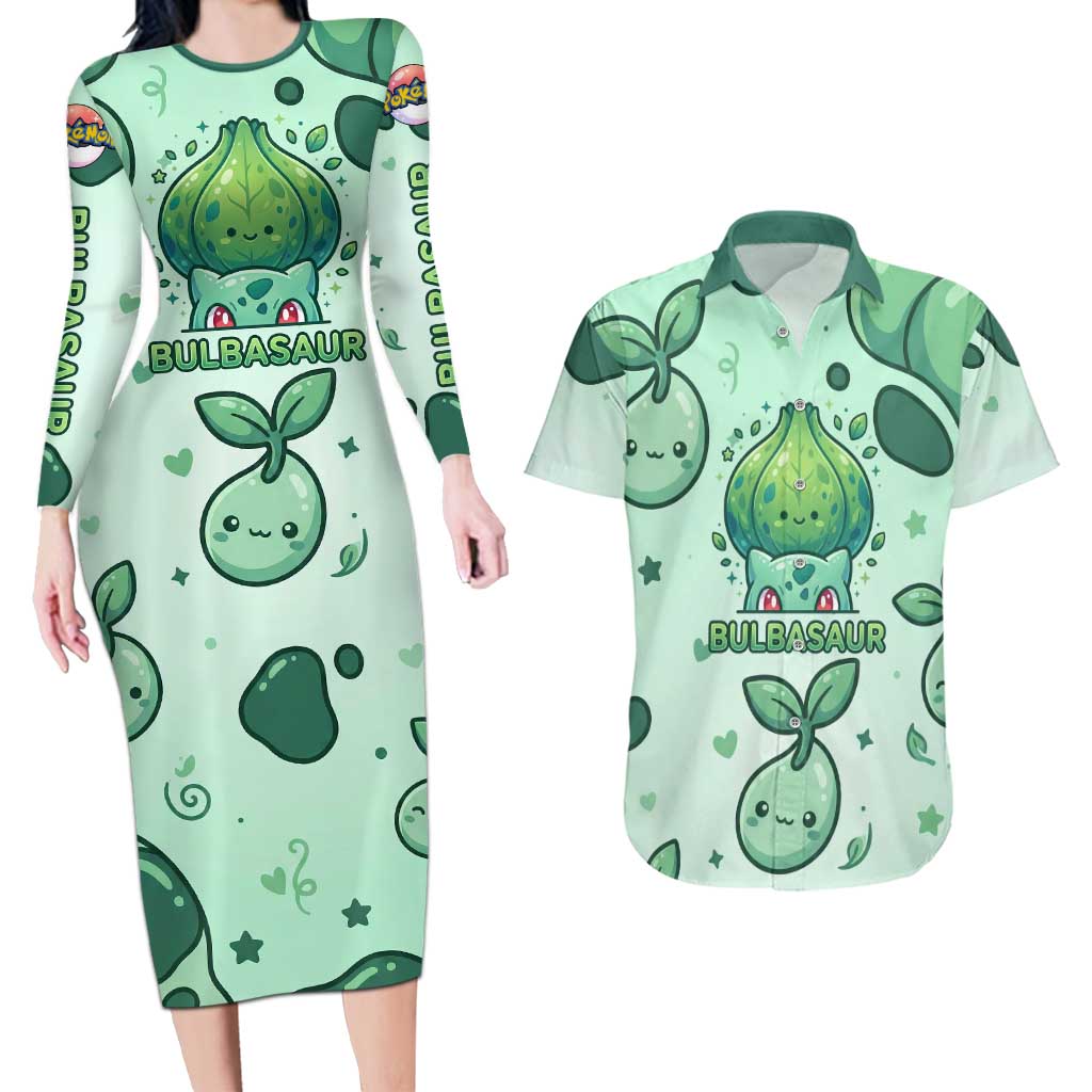 Bulbasaur Couples Matching Long Sleeve Bodycon Dress and Hawaiian Shirt Playful Leafy Sprout Art