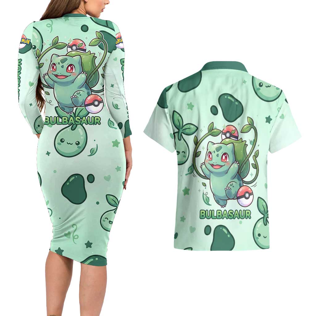 Bulbasaur Couples Matching Long Sleeve Bodycon Dress and Hawaiian Shirt Playful Leafy Sprout Art