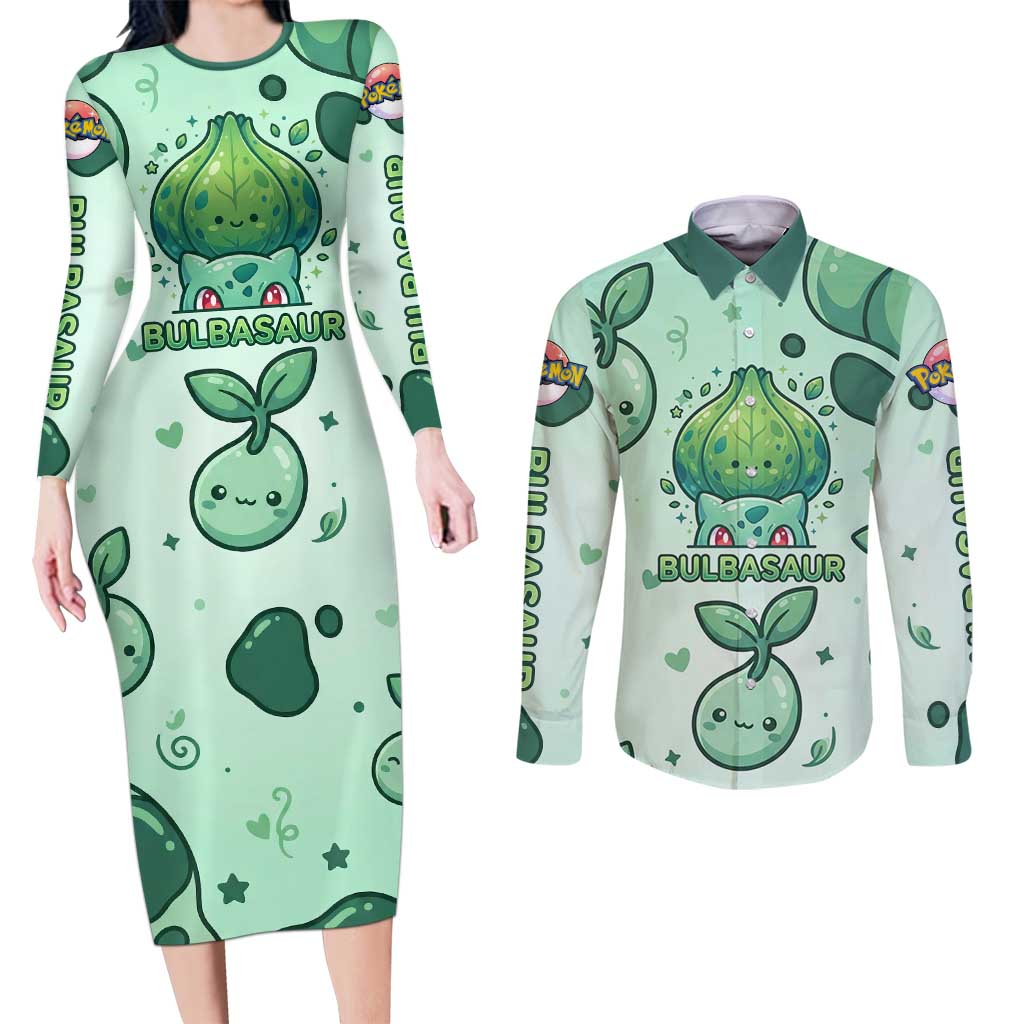 Bulbasaur Couples Matching Long Sleeve Bodycon Dress and Long Sleeve Button Shirt Playful Leafy Sprout Art