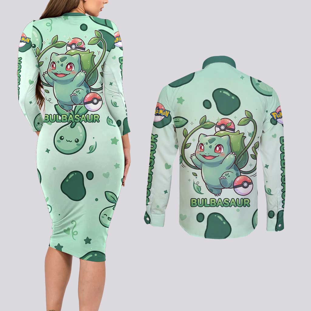 Bulbasaur Couples Matching Long Sleeve Bodycon Dress and Long Sleeve Button Shirt Playful Leafy Sprout Art