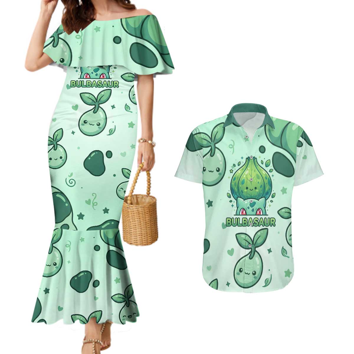 Bulbasaur Couples Matching Mermaid Dress and Hawaiian Shirt Playful Leafy Sprout Art