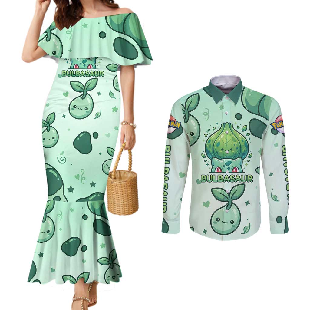 Bulbasaur Couples Matching Mermaid Dress and Long Sleeve Button Shirt Playful Leafy Sprout Art
