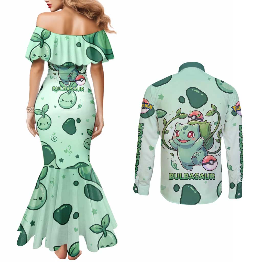 Bulbasaur Couples Matching Mermaid Dress and Long Sleeve Button Shirt Playful Leafy Sprout Art