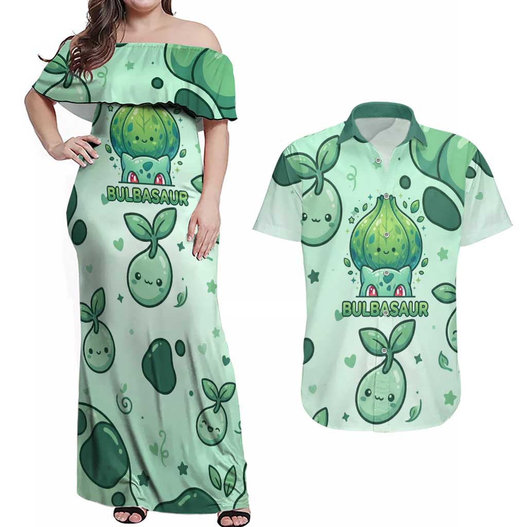Bulbasaur Couples Matching Off Shoulder Maxi Dress and Hawaiian Shirt Playful Leafy Sprout Art