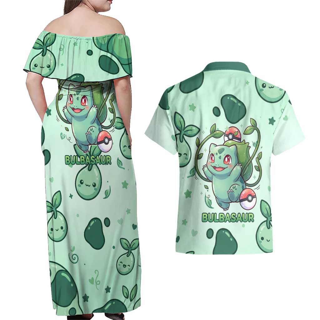 Bulbasaur Couples Matching Off Shoulder Maxi Dress and Hawaiian Shirt Playful Leafy Sprout Art