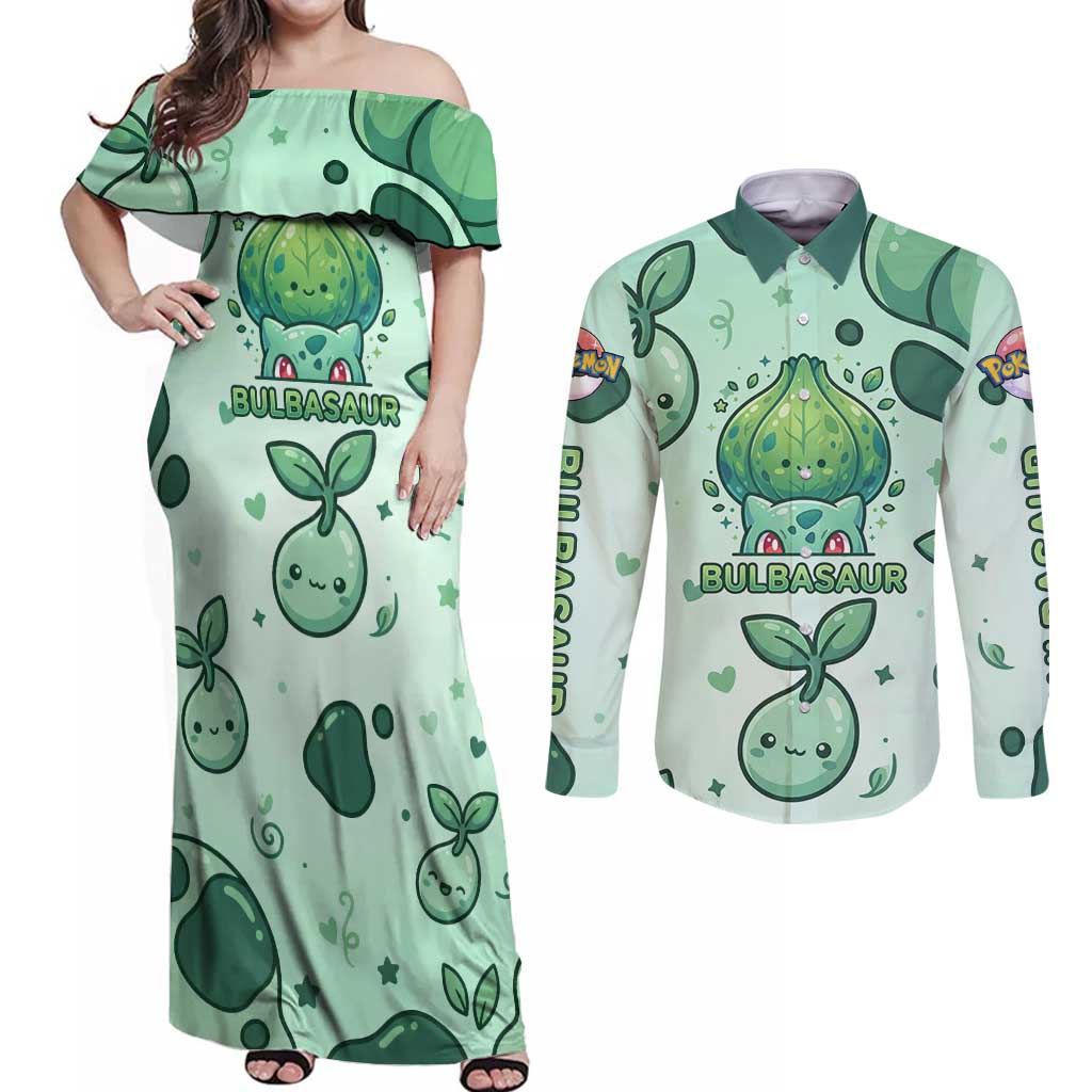 Bulbasaur Couples Matching Off Shoulder Maxi Dress and Long Sleeve Button Shirt Playful Leafy Sprout Art
