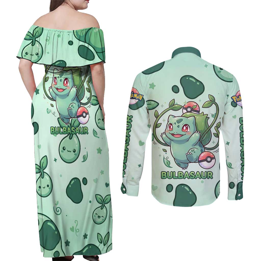 Bulbasaur Couples Matching Off Shoulder Maxi Dress and Long Sleeve Button Shirt Playful Leafy Sprout Art