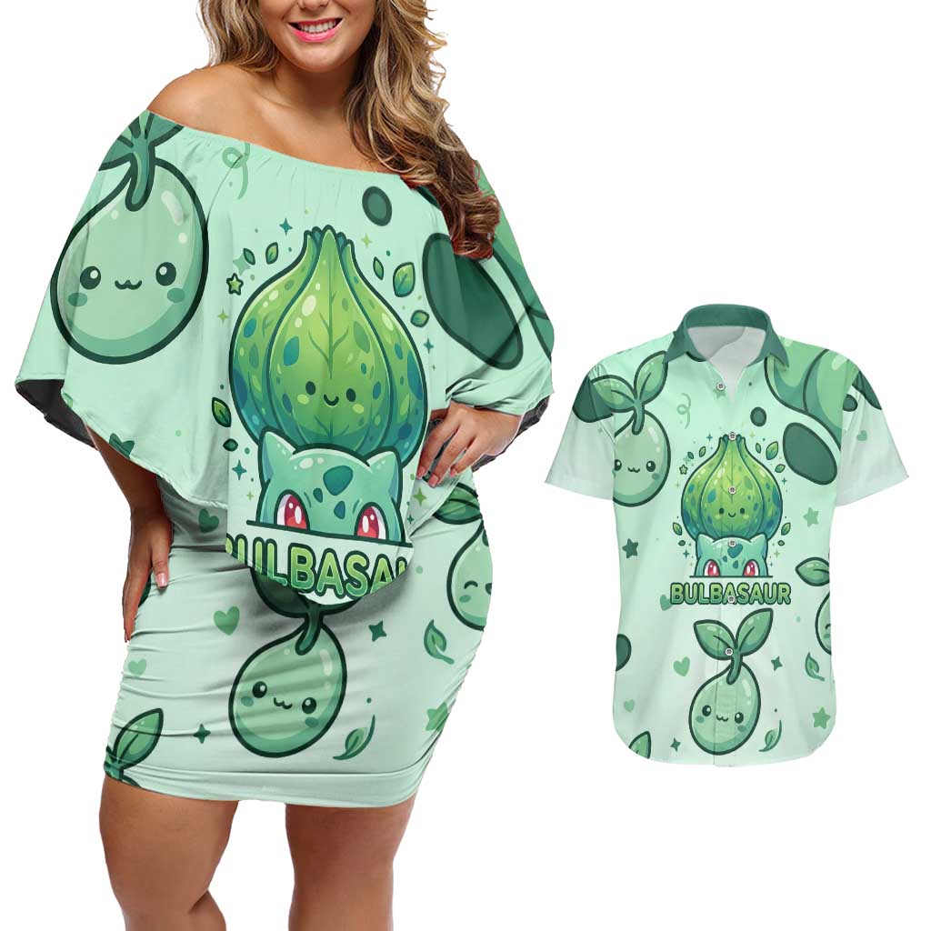 Bulbasaur Couples Matching Off Shoulder Short Dress and Hawaiian Shirt Playful Leafy Sprout Art