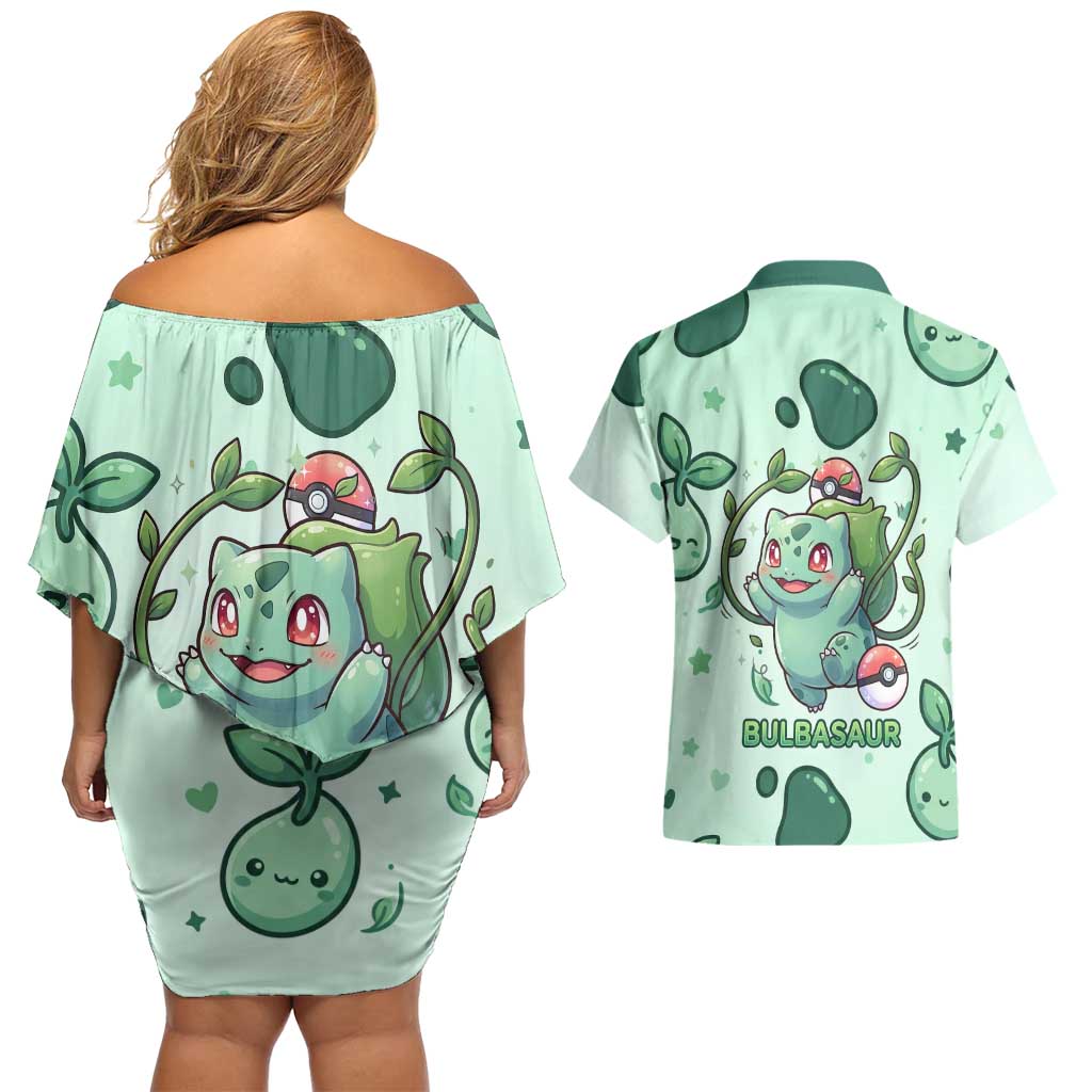 Bulbasaur Couples Matching Off Shoulder Short Dress and Hawaiian Shirt Playful Leafy Sprout Art