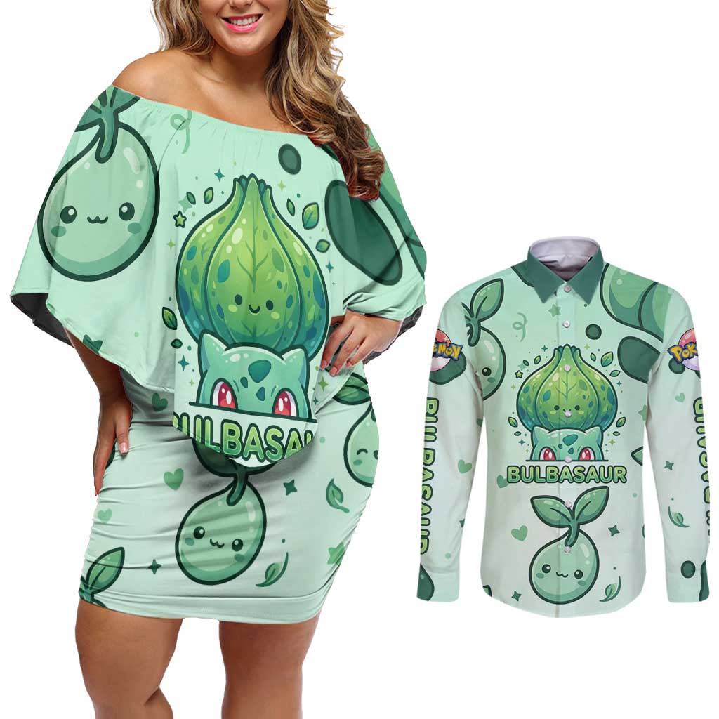 Bulbasaur Couples Matching Off Shoulder Short Dress and Long Sleeve Button Shirt Playful Leafy Sprout Art