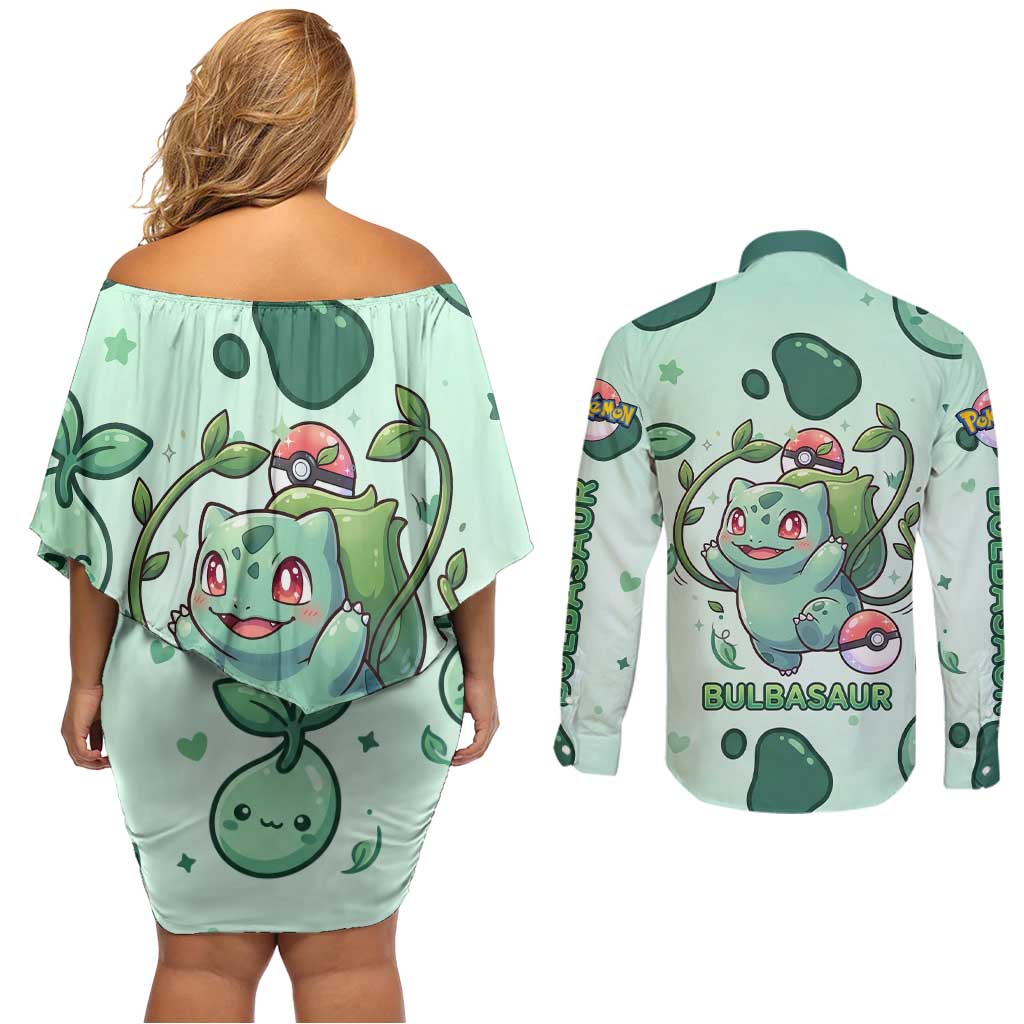 Bulbasaur Couples Matching Off Shoulder Short Dress and Long Sleeve Button Shirt Playful Leafy Sprout Art
