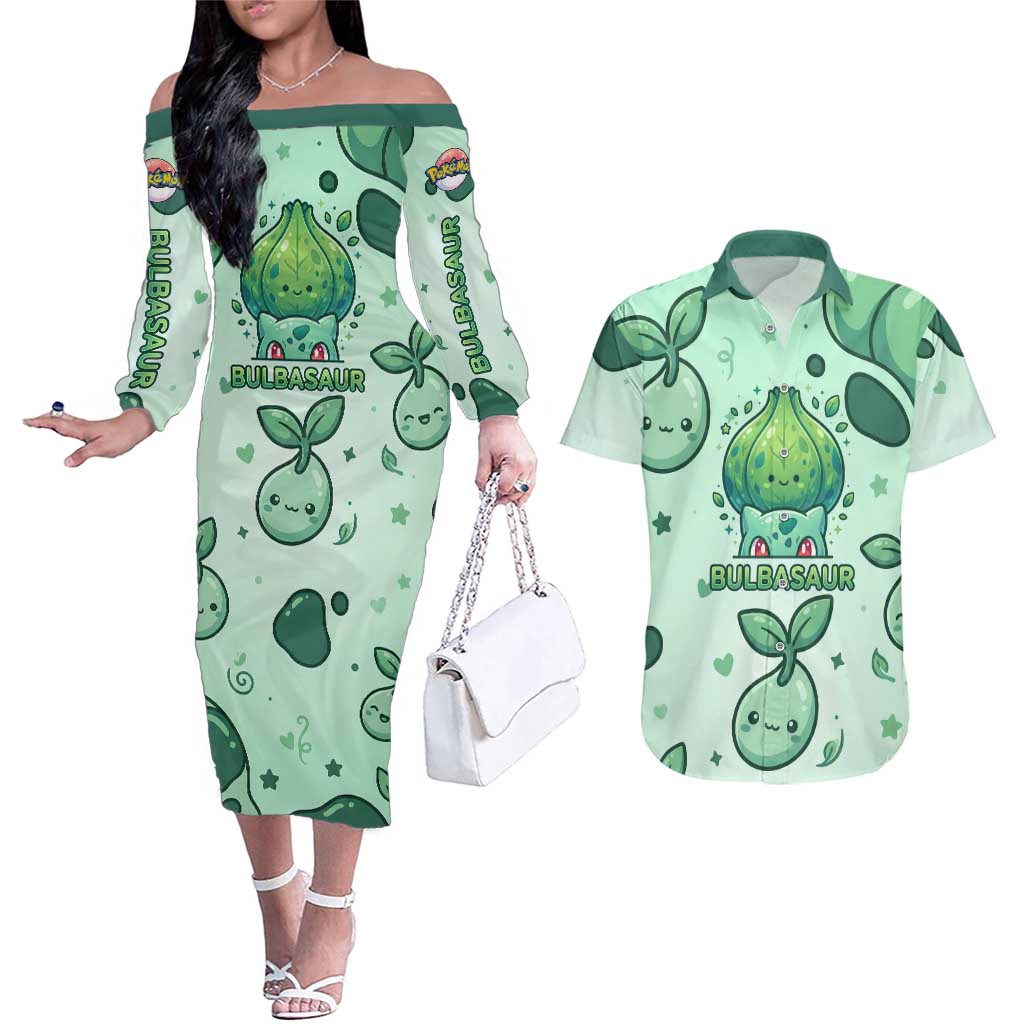 Bulbasaur Couples Matching Off The Shoulder Long Sleeve Dress and Hawaiian Shirt Playful Leafy Sprout Art
