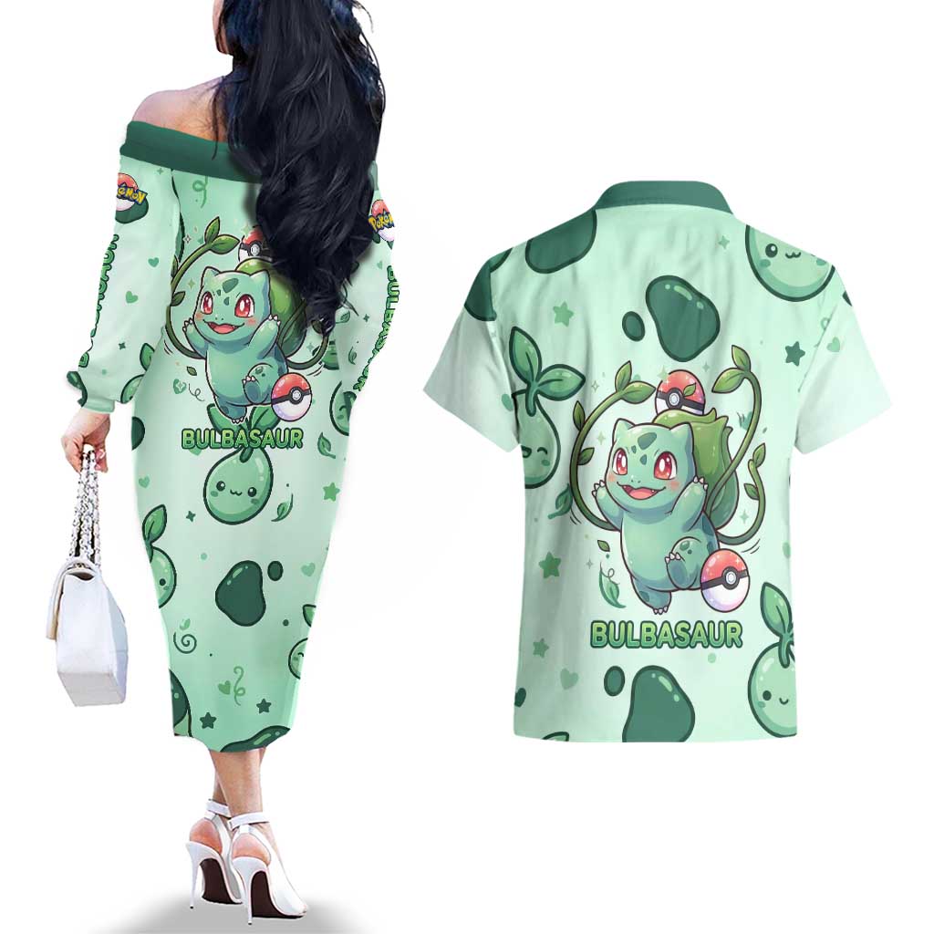 Bulbasaur Couples Matching Off The Shoulder Long Sleeve Dress and Hawaiian Shirt Playful Leafy Sprout Art