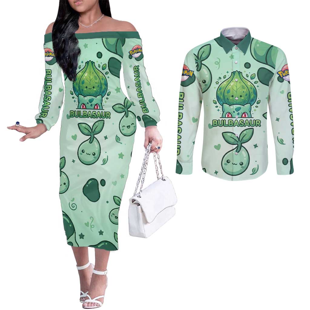 Bulbasaur Couples Matching Off The Shoulder Long Sleeve Dress and Long Sleeve Button Shirt Playful Leafy Sprout Art
