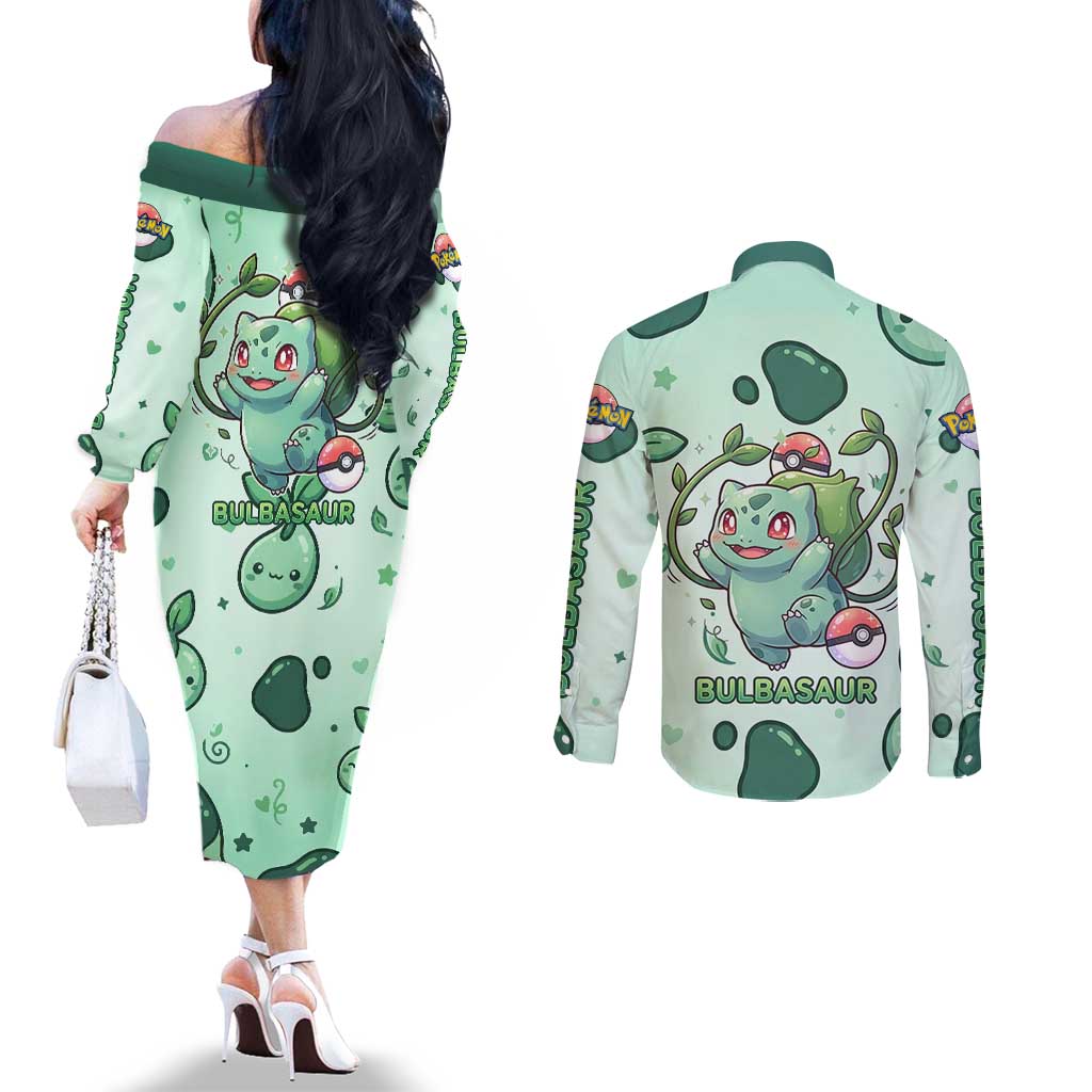 Bulbasaur Couples Matching Off The Shoulder Long Sleeve Dress and Long Sleeve Button Shirt Playful Leafy Sprout Art