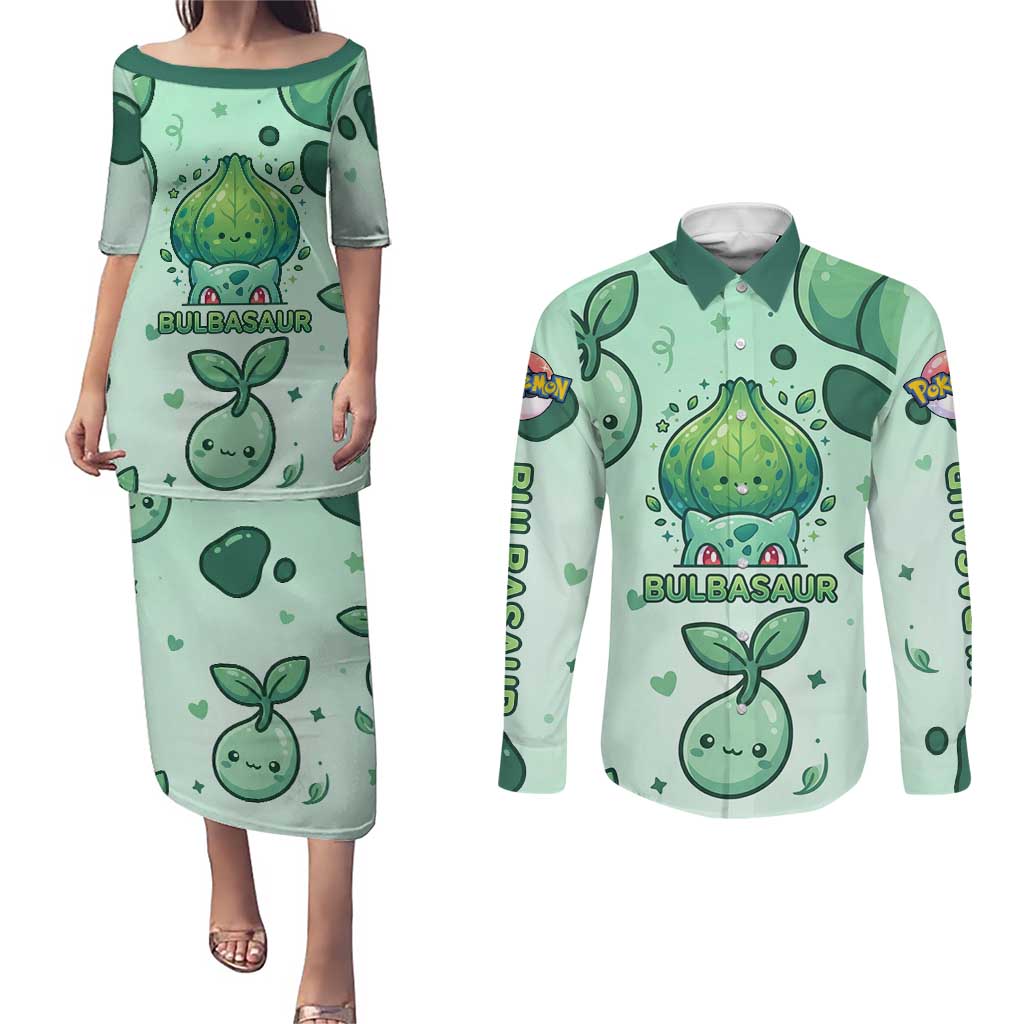 Bulbasaur Couples Matching Puletasi and Long Sleeve Button Shirt Playful Leafy Sprout Art