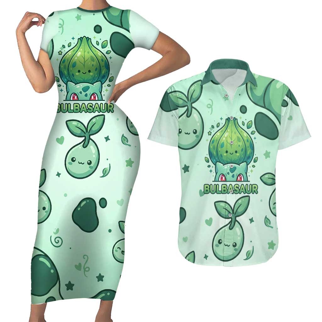 Bulbasaur Couples Matching Short Sleeve Bodycon Dress and Hawaiian Shirt Playful Leafy Sprout Art