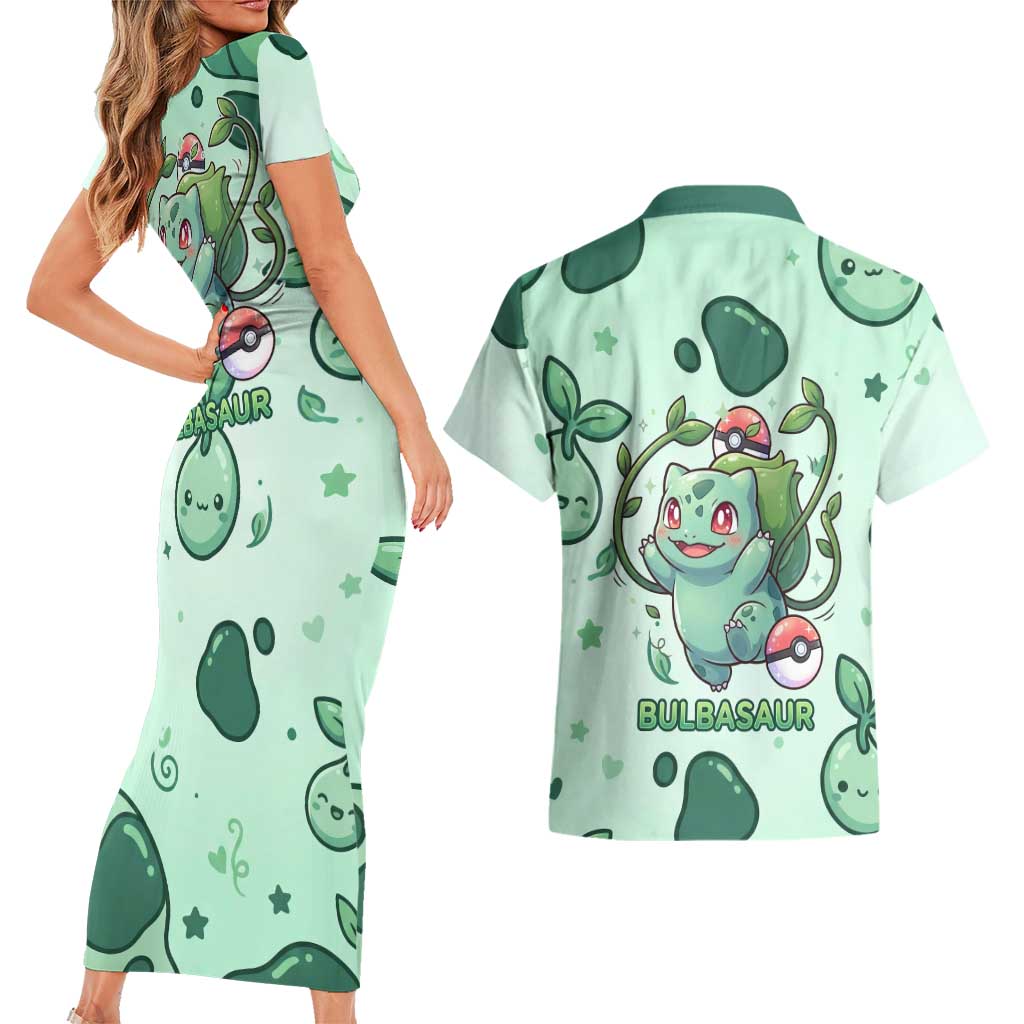 Bulbasaur Couples Matching Short Sleeve Bodycon Dress and Hawaiian Shirt Playful Leafy Sprout Art