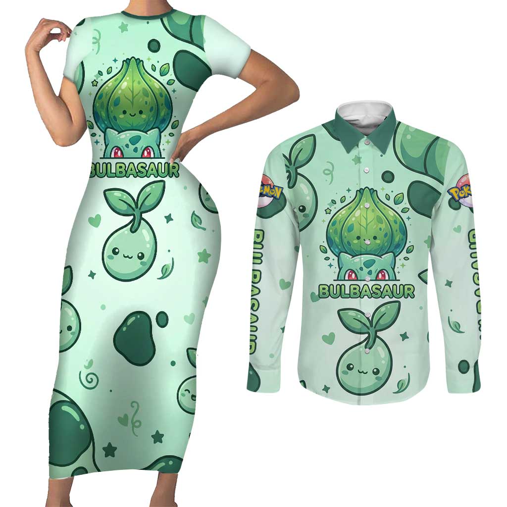 Bulbasaur Couples Matching Short Sleeve Bodycon Dress and Long Sleeve Button Shirt Playful Leafy Sprout Art