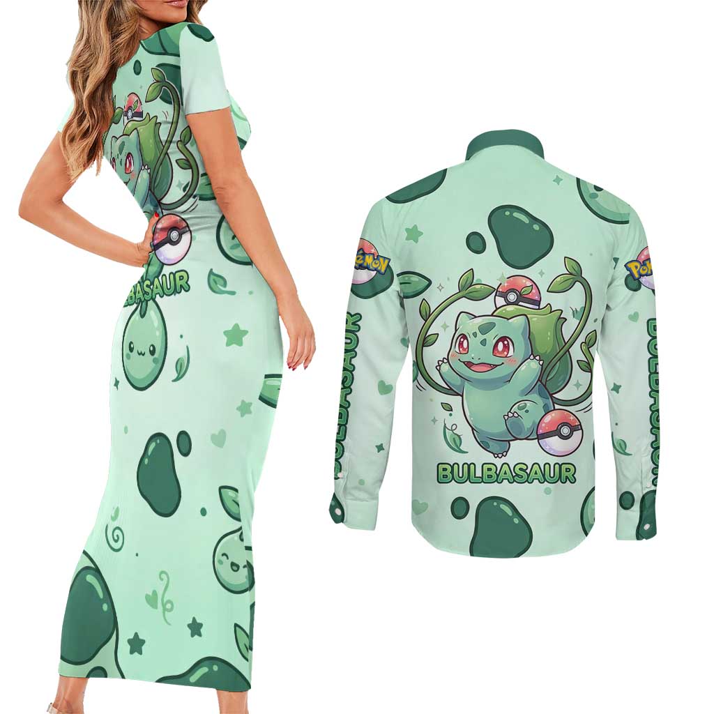 Bulbasaur Couples Matching Short Sleeve Bodycon Dress and Long Sleeve Button Shirt Playful Leafy Sprout Art