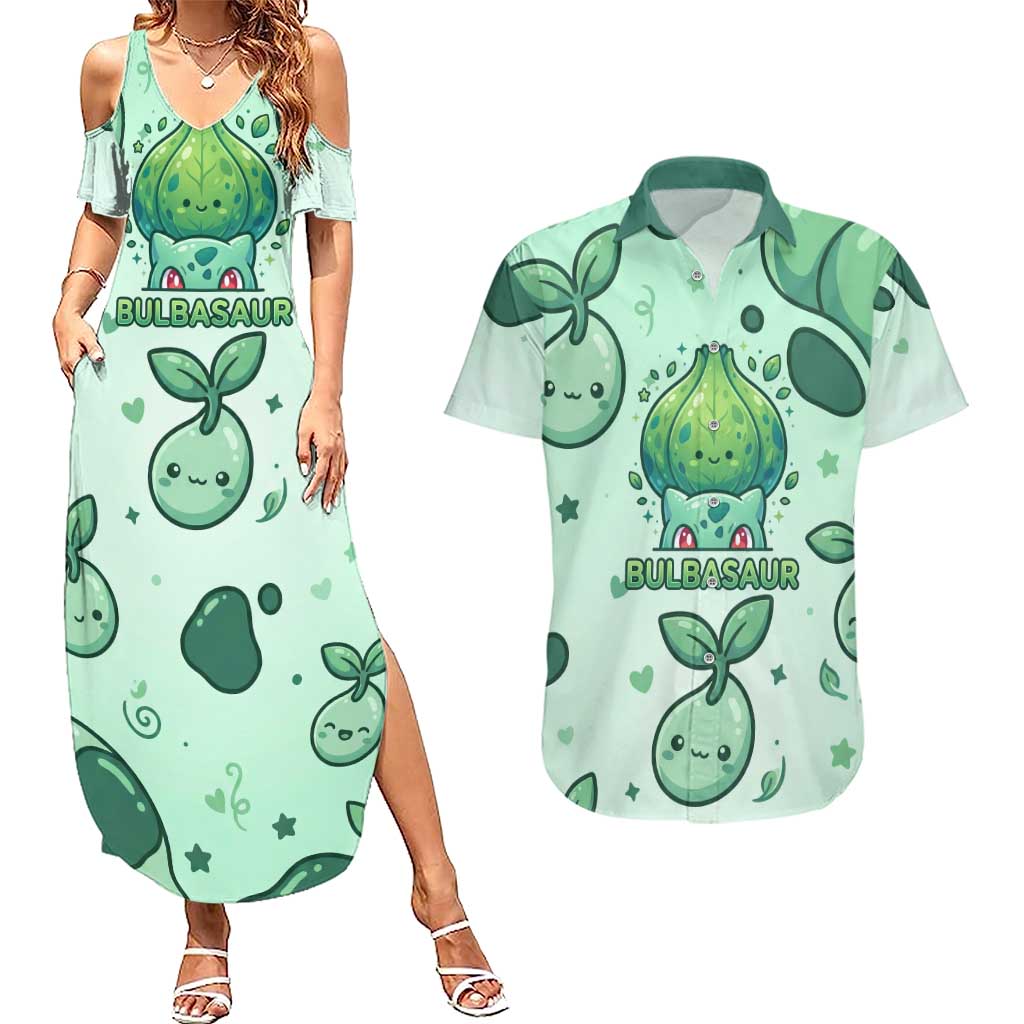 Bulbasaur Couples Matching Summer Maxi Dress and Hawaiian Shirt Playful Leafy Sprout Art