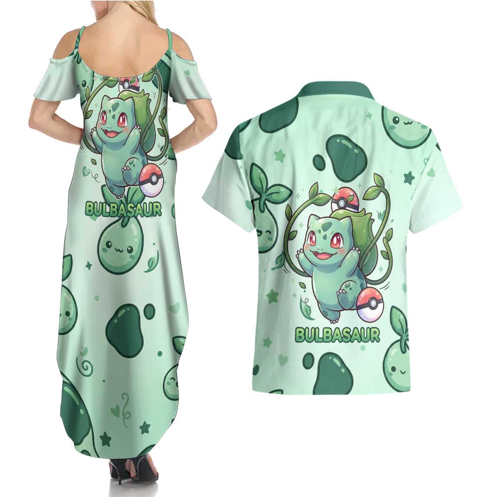 Bulbasaur Couples Matching Summer Maxi Dress and Hawaiian Shirt Playful Leafy Sprout Art
