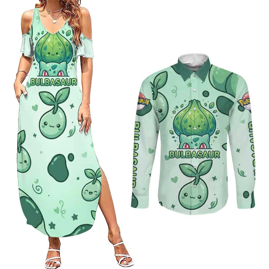 Bulbasaur Couples Matching Summer Maxi Dress and Long Sleeve Button Shirt Playful Leafy Sprout Art