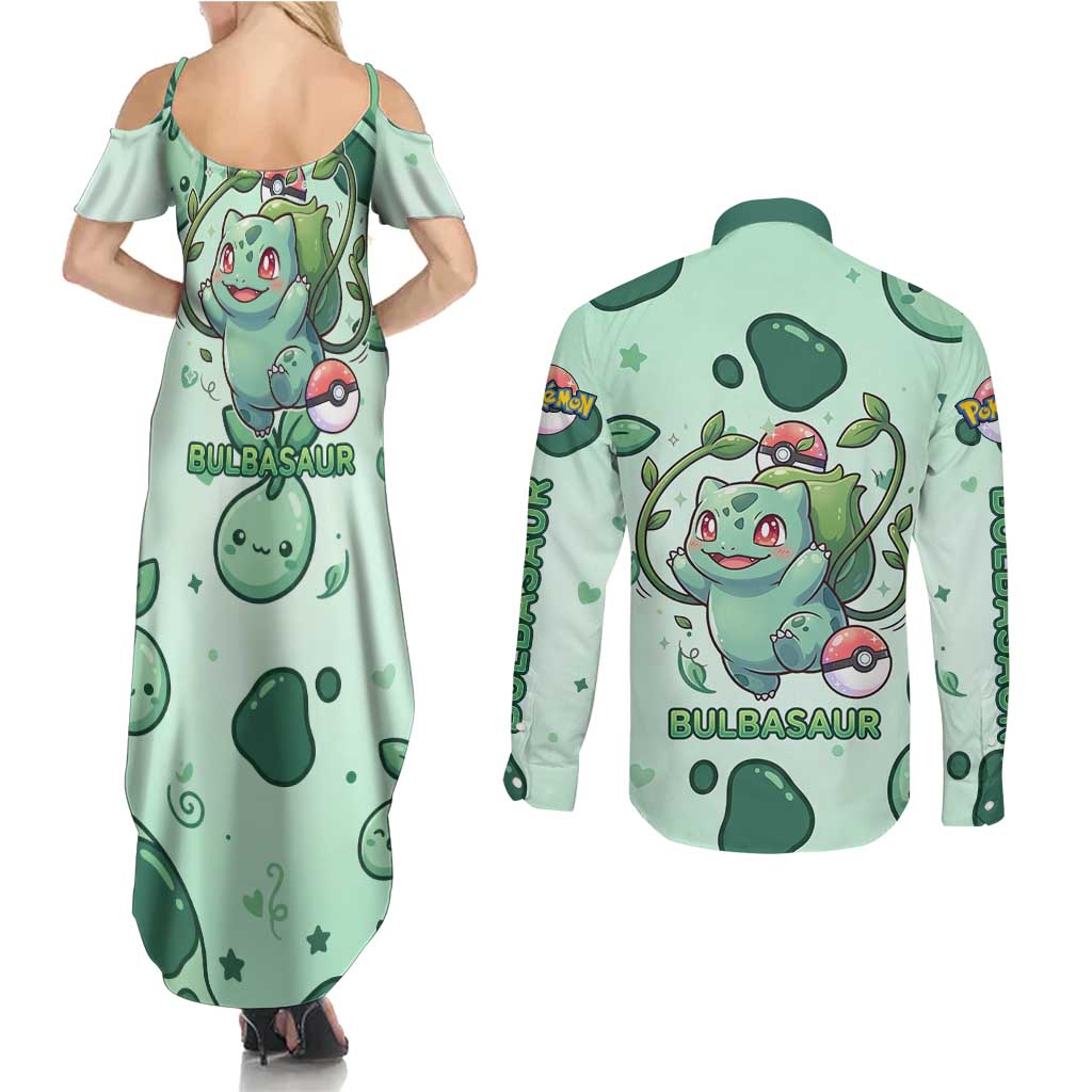 Bulbasaur Couples Matching Summer Maxi Dress and Long Sleeve Button Shirt Playful Leafy Sprout Art
