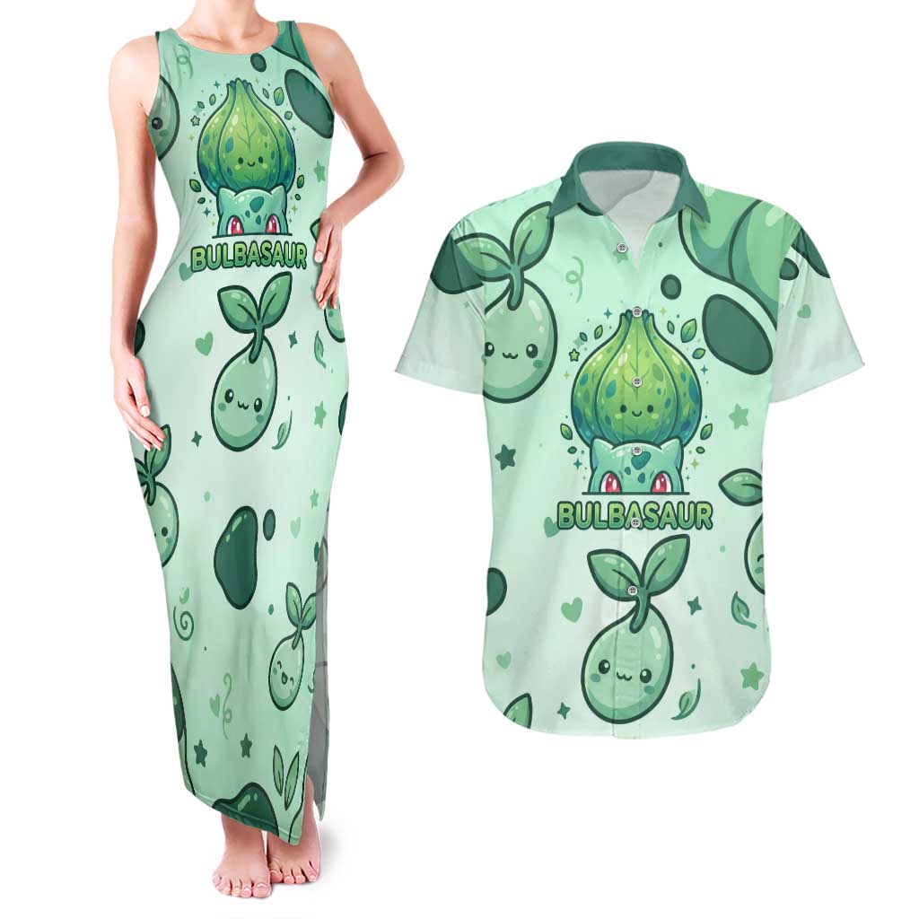 Bulbasaur Couples Matching Tank Maxi Dress and Hawaiian Shirt Playful Leafy Sprout Art