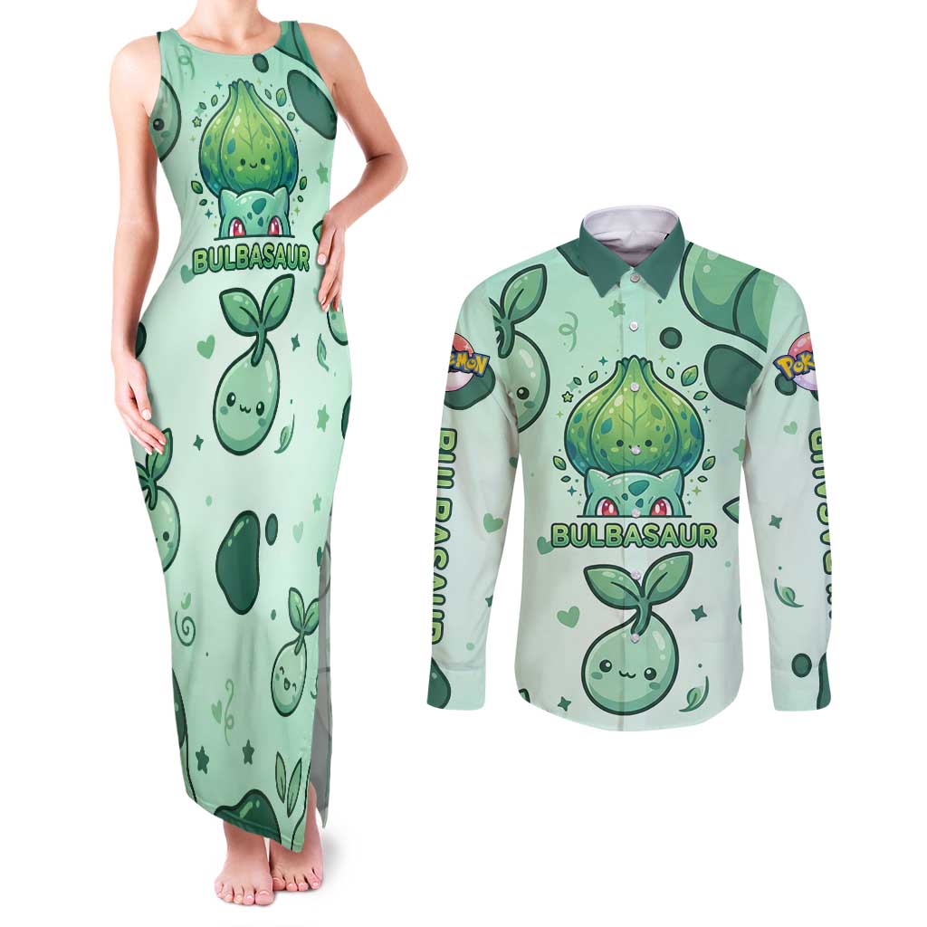 Bulbasaur Couples Matching Tank Maxi Dress and Long Sleeve Button Shirt Playful Leafy Sprout Art