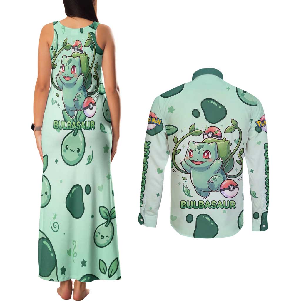 Bulbasaur Couples Matching Tank Maxi Dress and Long Sleeve Button Shirt Playful Leafy Sprout Art
