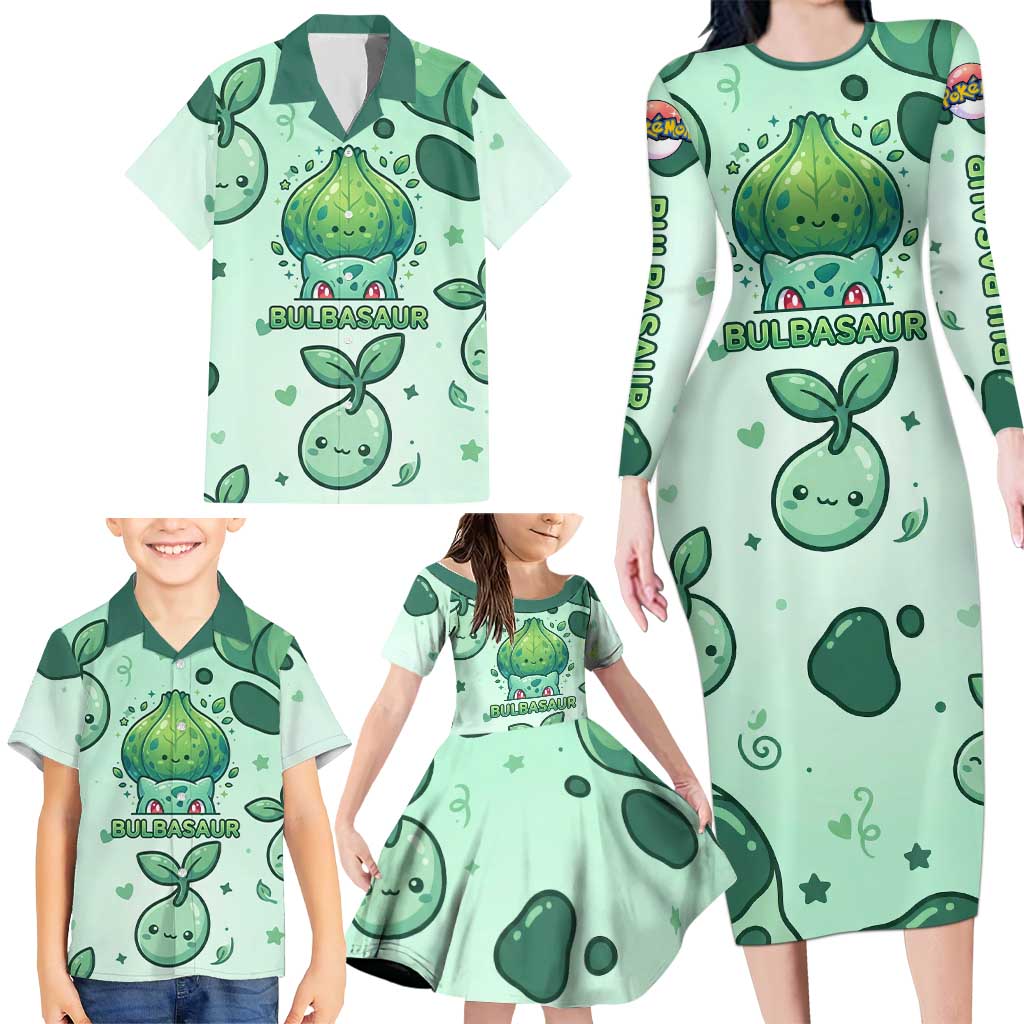 Bulbasaur Family Matching Long Sleeve Bodycon Dress and Hawaiian Shirt Playful Leafy Sprout Art