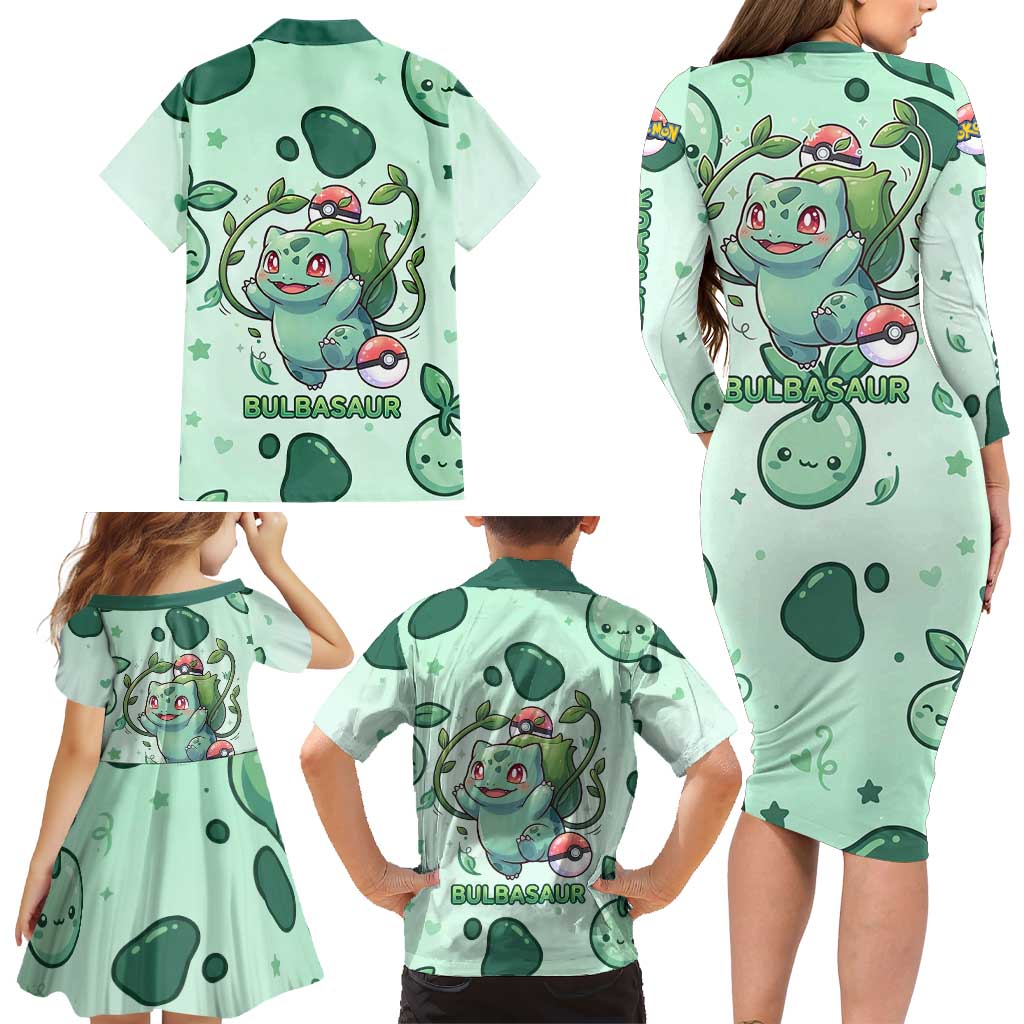 Bulbasaur Family Matching Long Sleeve Bodycon Dress and Hawaiian Shirt Playful Leafy Sprout Art