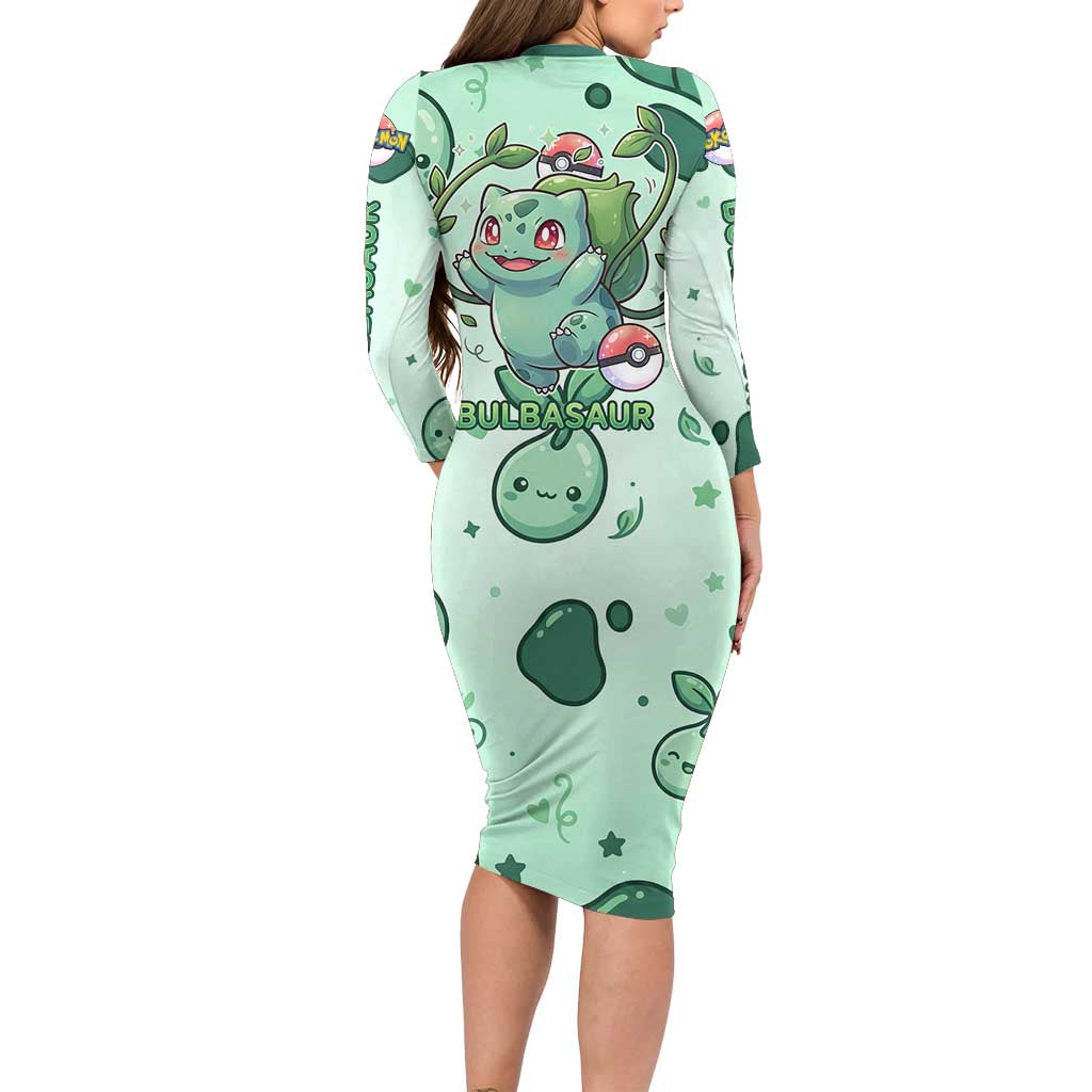 Bulbasaur Family Matching Long Sleeve Bodycon Dress and Hawaiian Shirt Playful Leafy Sprout Art