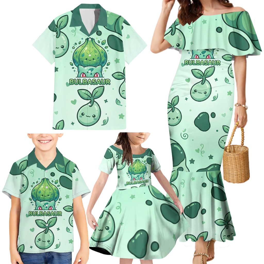 Bulbasaur Family Matching Mermaid Dress and Hawaiian Shirt Playful Leafy Sprout Art
