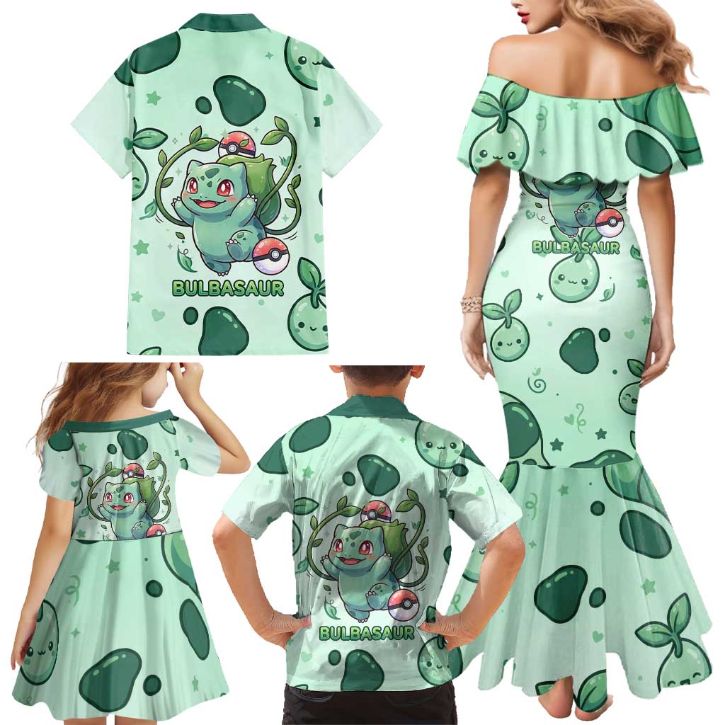 Bulbasaur Family Matching Mermaid Dress and Hawaiian Shirt Playful Leafy Sprout Art