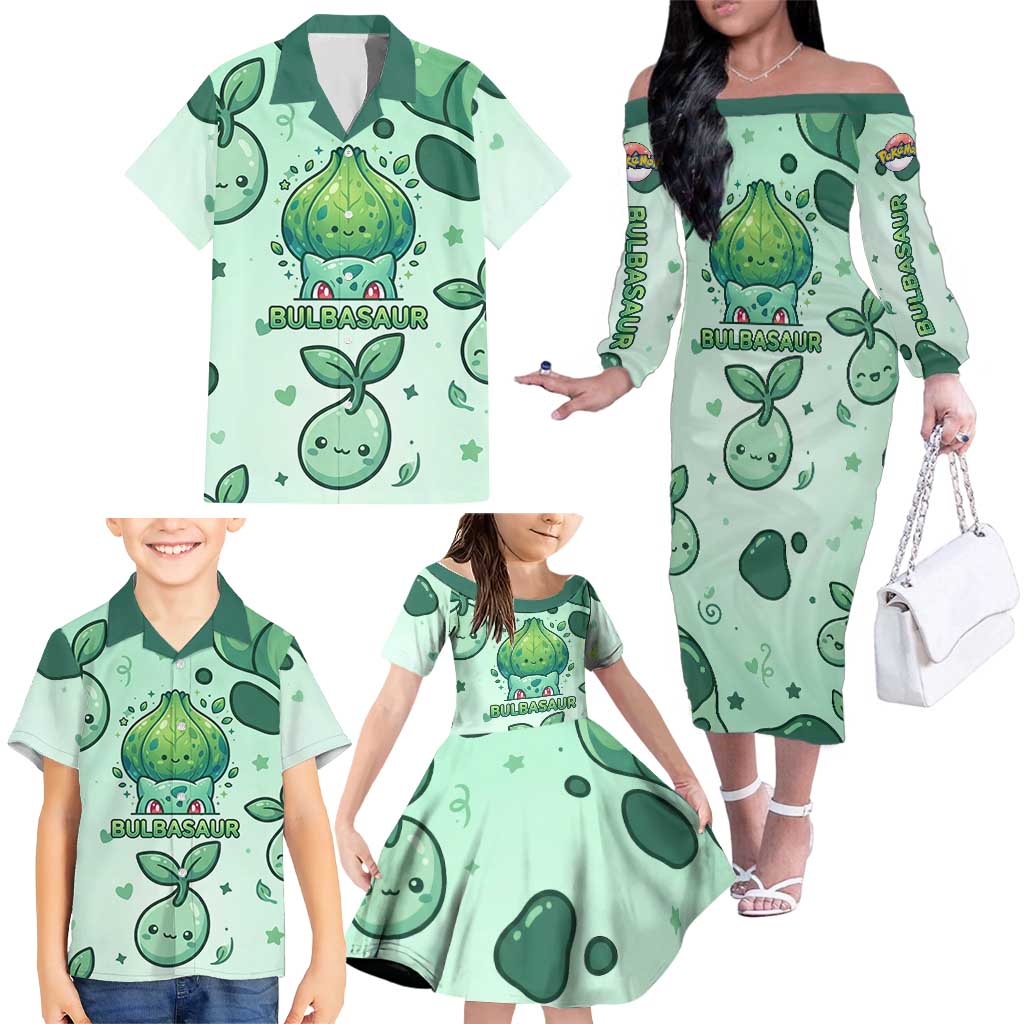 Bulbasaur Family Matching Off The Shoulder Long Sleeve Dress and Hawaiian Shirt Playful Leafy Sprout Art