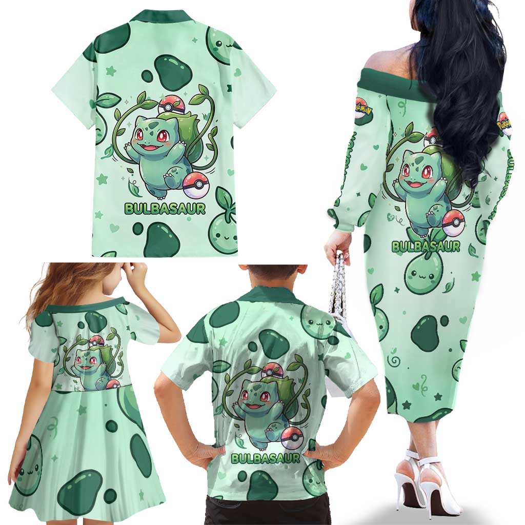 Bulbasaur Family Matching Off The Shoulder Long Sleeve Dress and Hawaiian Shirt Playful Leafy Sprout Art