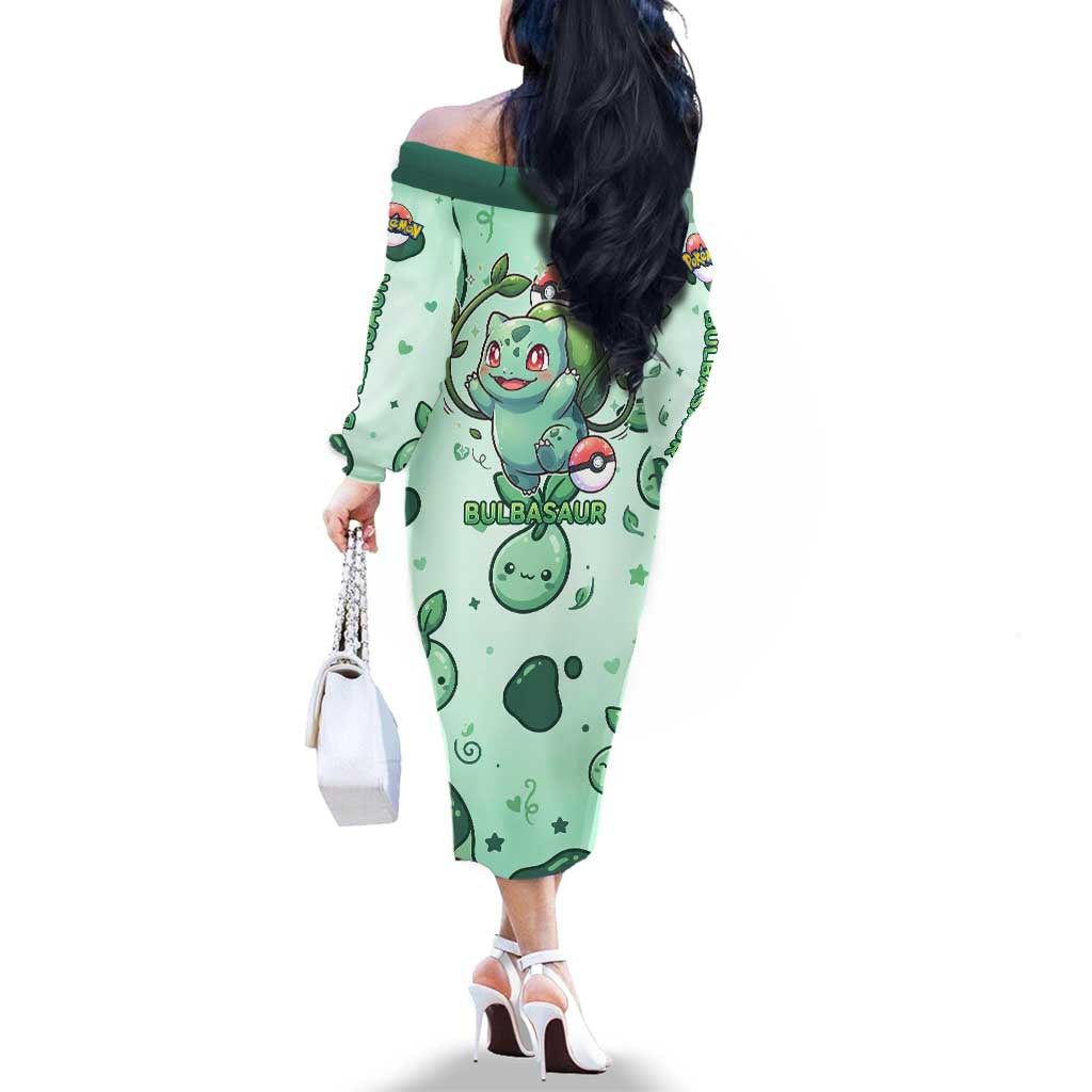 Bulbasaur Family Matching Off The Shoulder Long Sleeve Dress and Hawaiian Shirt Playful Leafy Sprout Art