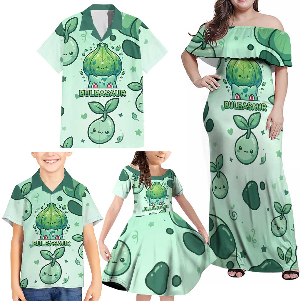 Bulbasaur Family Matching Off Shoulder Maxi Dress and Hawaiian Shirt Playful Leafy Sprout Art
