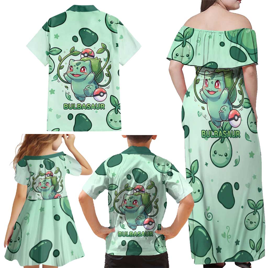 Bulbasaur Family Matching Off Shoulder Maxi Dress and Hawaiian Shirt Playful Leafy Sprout Art