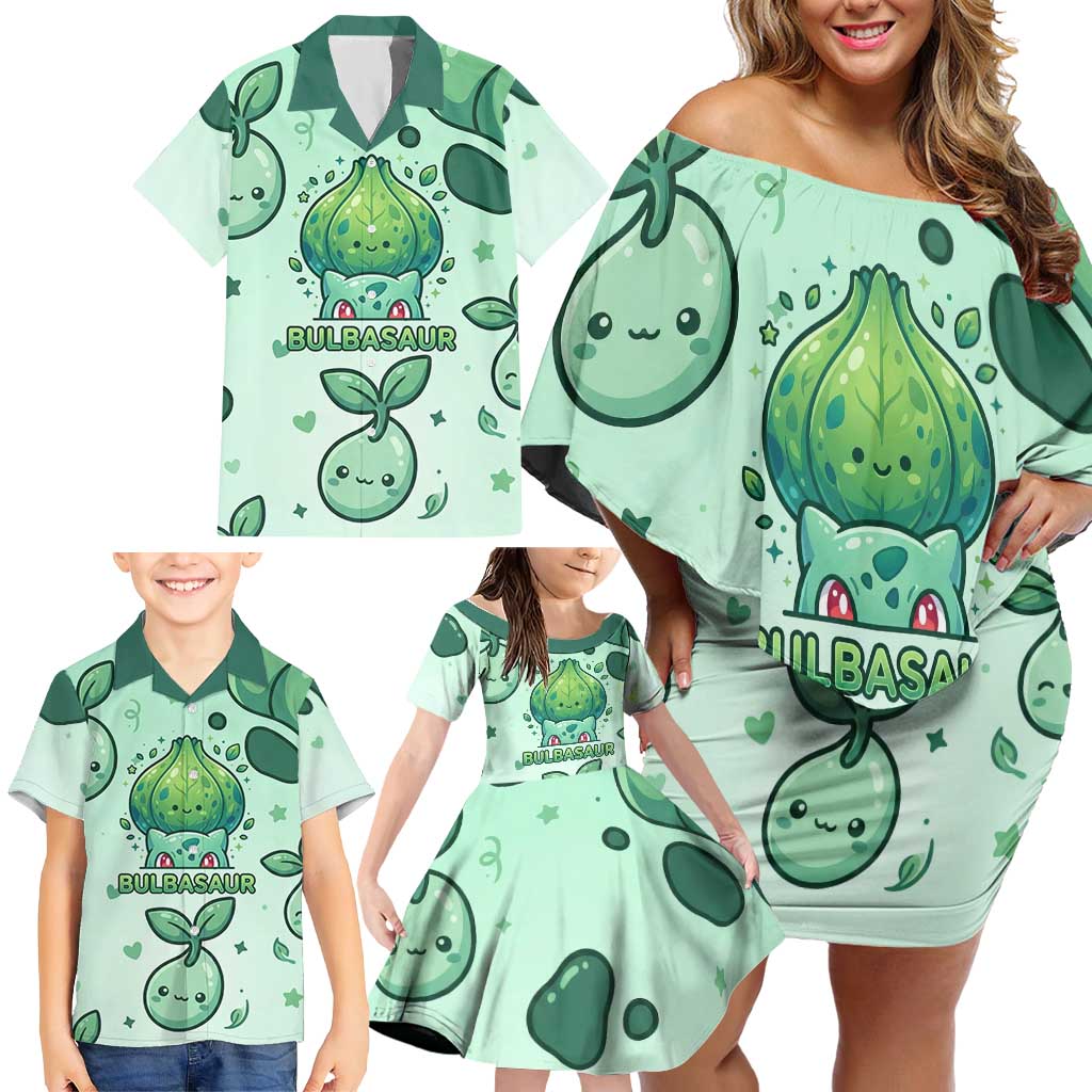 Bulbasaur Family Matching Off Shoulder Short Dress and Hawaiian Shirt Playful Leafy Sprout Art