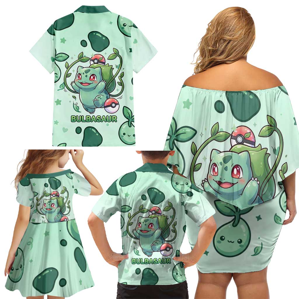 Bulbasaur Family Matching Off Shoulder Short Dress and Hawaiian Shirt Playful Leafy Sprout Art