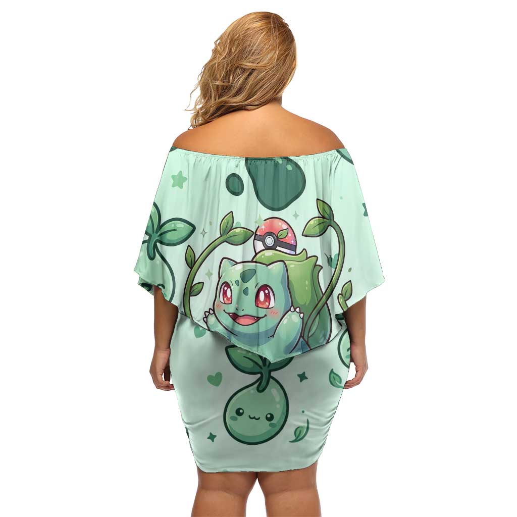 Bulbasaur Family Matching Off Shoulder Short Dress and Hawaiian Shirt Playful Leafy Sprout Art