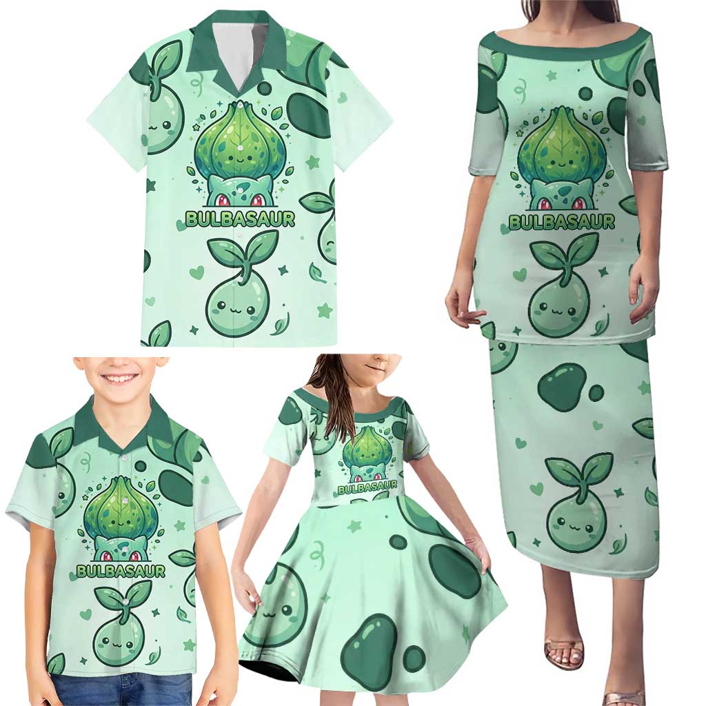 Bulbasaur Family Matching Puletasi and Hawaiian Shirt Playful Leafy Sprout Art