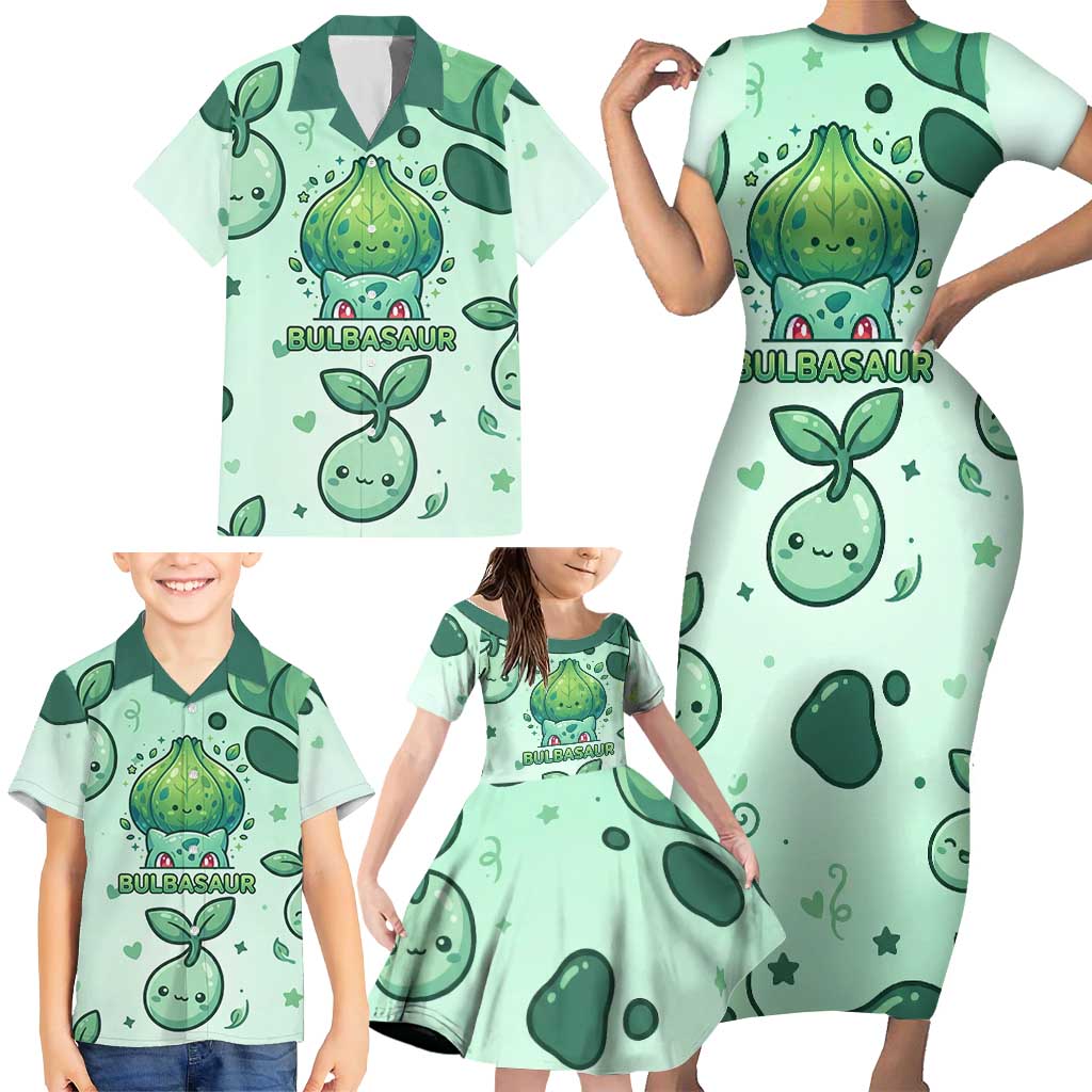 Bulbasaur Family Matching Short Sleeve Bodycon Dress and Hawaiian Shirt Playful Leafy Sprout Art
