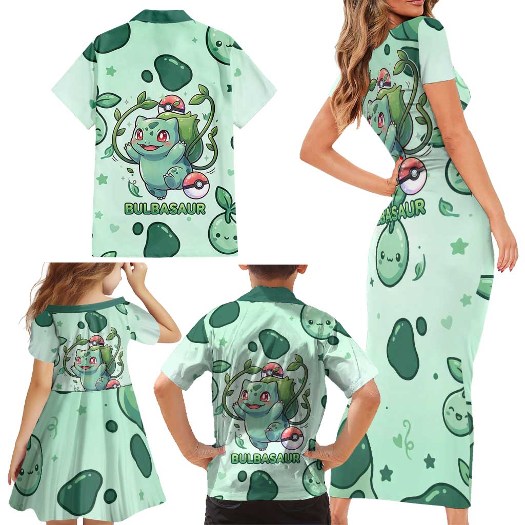 Bulbasaur Family Matching Short Sleeve Bodycon Dress and Hawaiian Shirt Playful Leafy Sprout Art